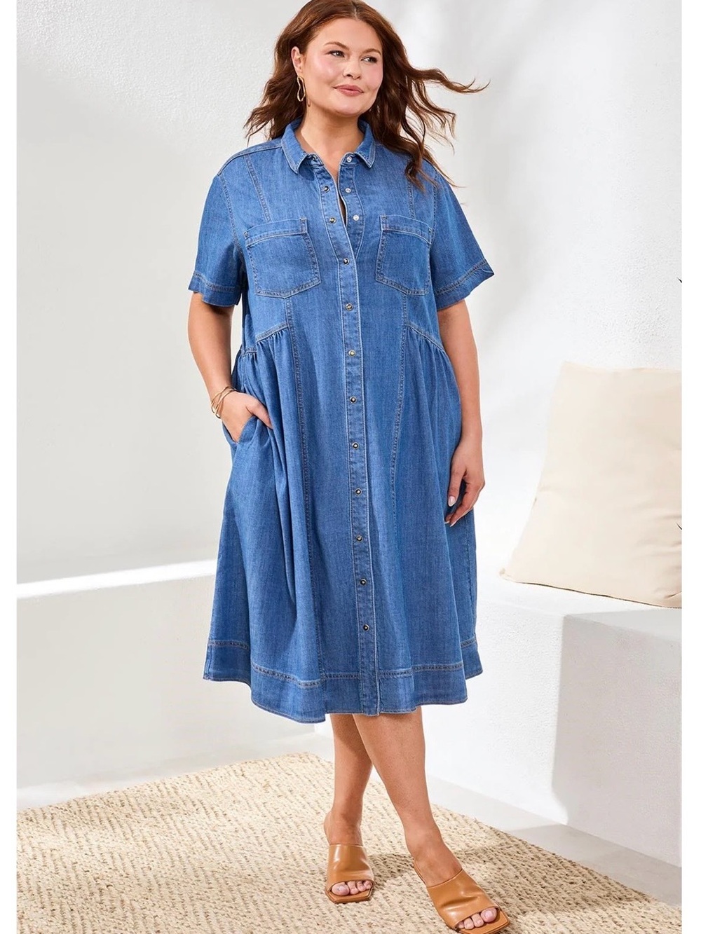Tribal Button Down Flowy Denim Dress with Pockets